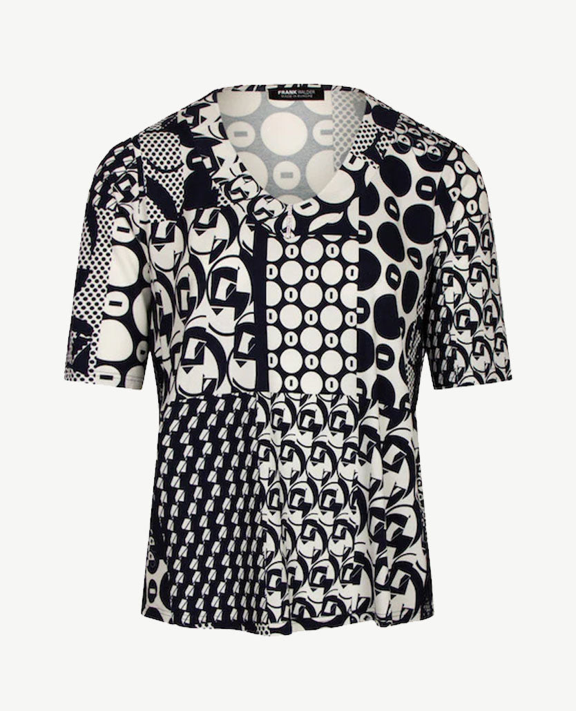 Frank Walder  - Top met v-hals - Dessin navy en off-white