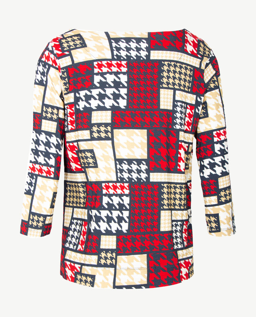 Gollé Haug - Ronde hals - Pied de coq in marine, off-white, rood en beige