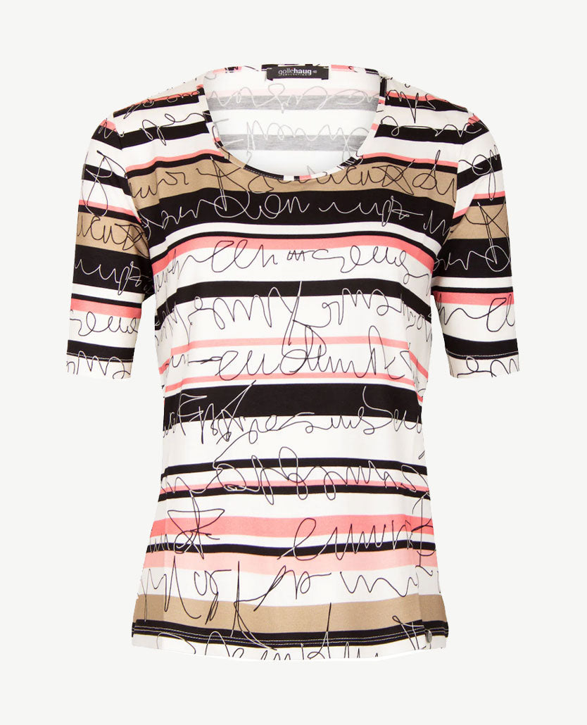 Gollé Haug - Top ronde hals - Streep en dessin zwart, wit, beige en roze