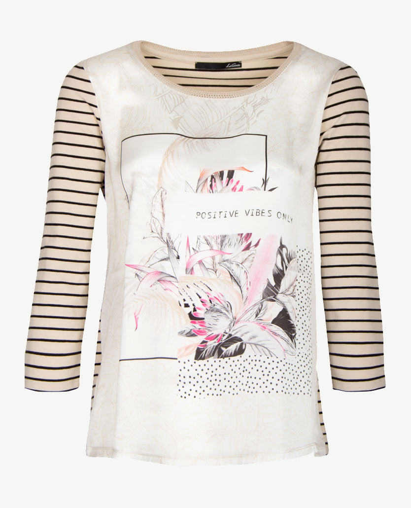Le Comte - Blouse/tuniektop met ronde hals in beige en streepdessin