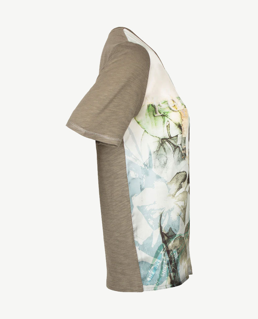 Le Comte - Top - ronde hals - Dessin met kahki, beige en wit en zwart