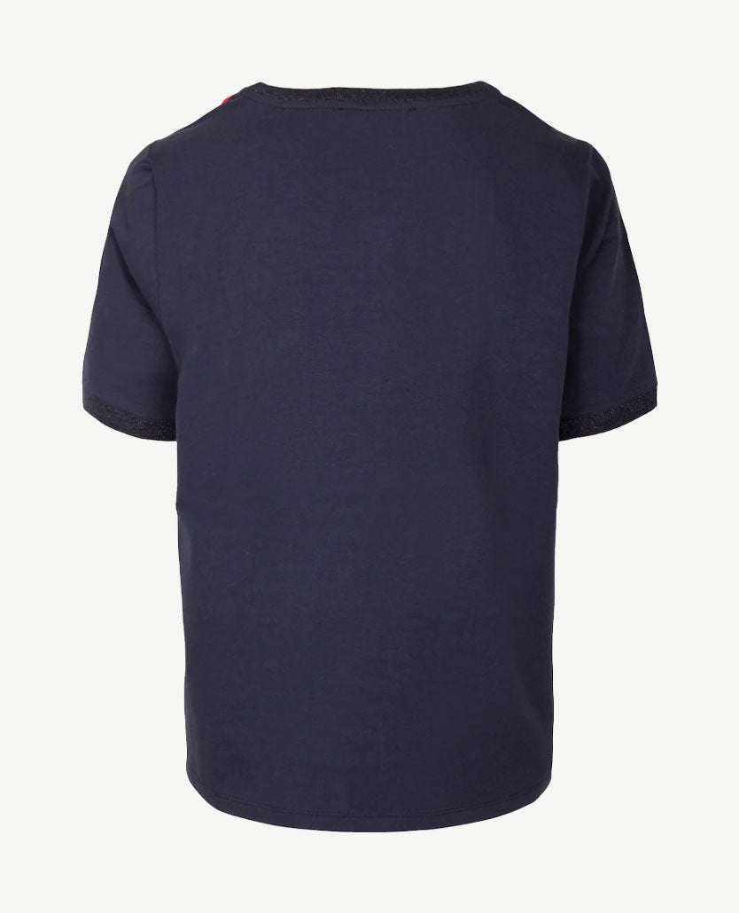 Le Comte - Top - ronde hals - Dessin met rood en wit en uni marine