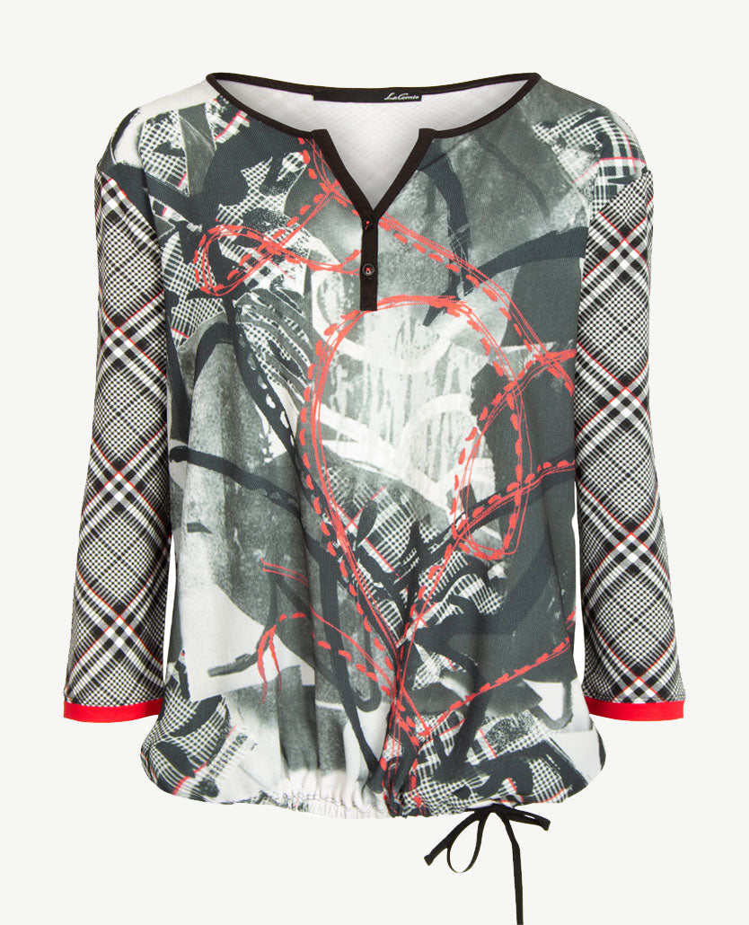 Le Comte - Top/tuniek in pied de coq en multidessin van zwart, wit en rood