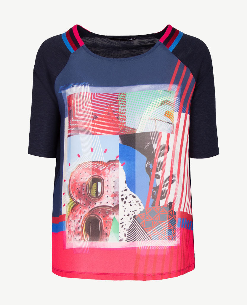 Le Comte - Top/tuniek met ronde hals in dessin met uni marine