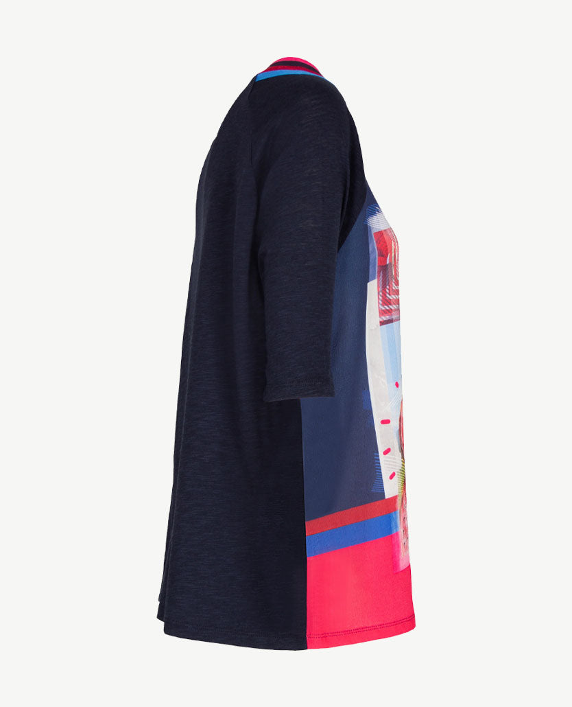 Le Comte - Top/tuniek met ronde hals in dessin met uni marine