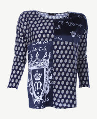 Rabe - Top/tuniek ronde hals 3/4 mouw - Dessin marine en satijn