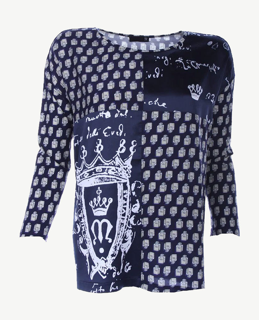 Rabe - Top/tuniek ronde hals 3/4 mouw - Dessin marine en satijn