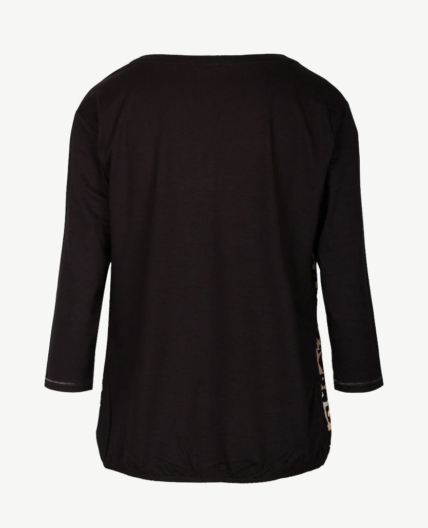 Rabe - Blousontop - ronde hals - Zwart met dessins in beige en wit