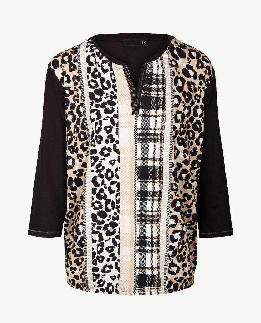 Rabe - Blousontop - ronde hals - Zwart met dessins in beige en wit