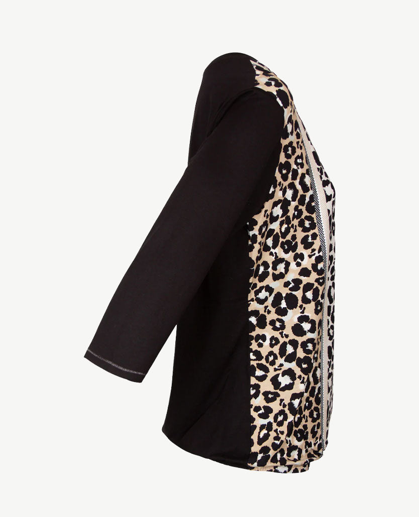 Rabe - Blousontop - ronde hals - Zwart met dessins in beige en wit