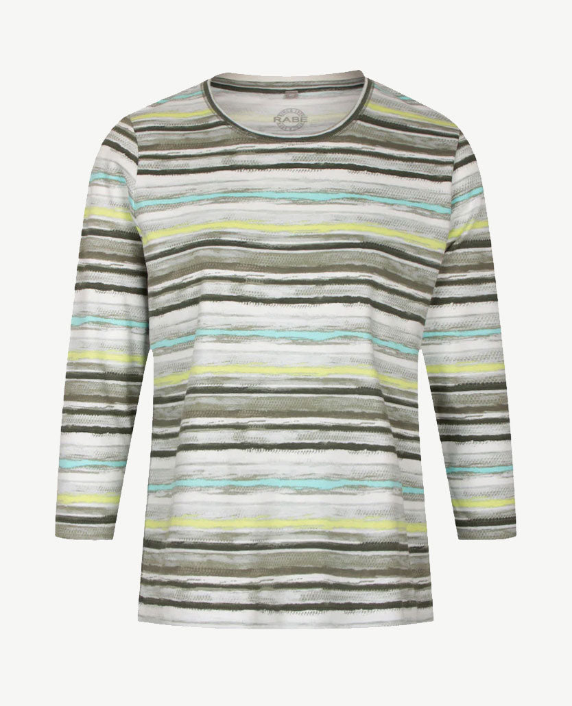 Rabe - Top - ronde hals - Dessin streep wit, azuur, beige en khaki