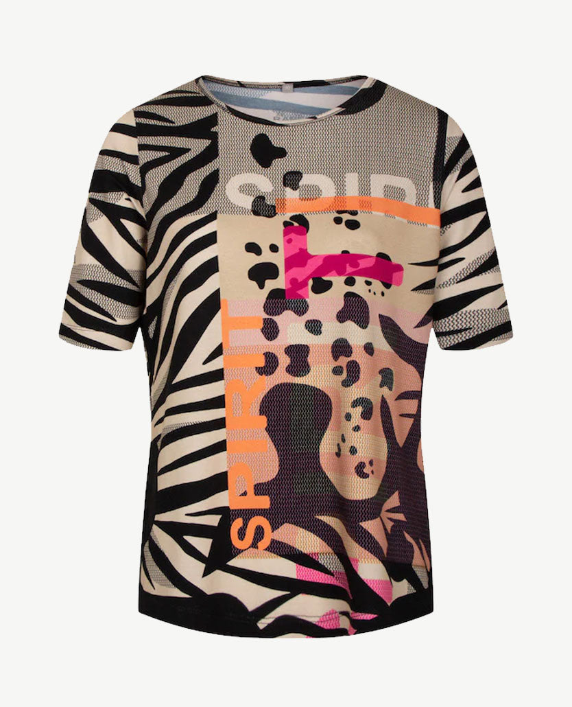 Rabe - Top - ronde hals - Dessin van beige met zwart , pink en oranje