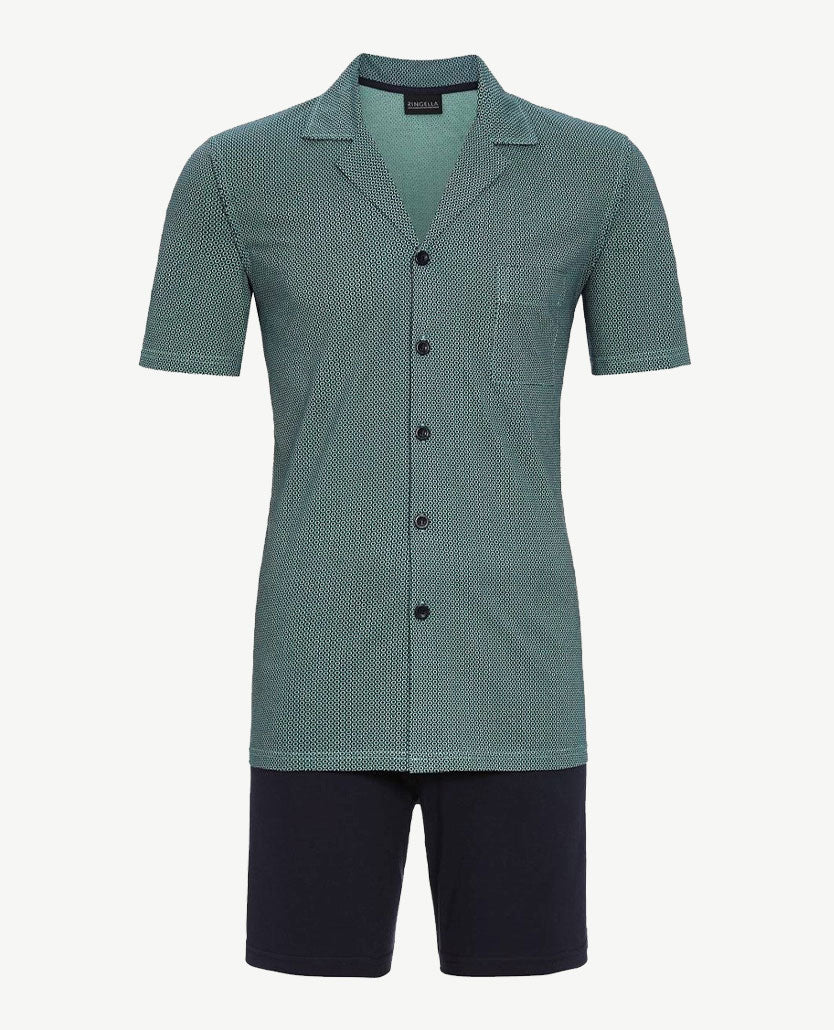Ringella - Herenpyjama - korte broek - knoopsluiting - Mini nop met navy en groen