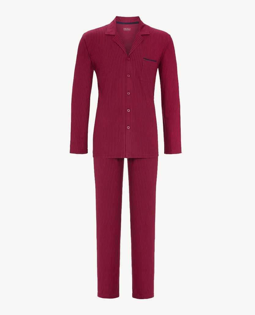 Ringella - Herenpyjama  met doorknoopsluiting - Bordeauxrood met navy streep