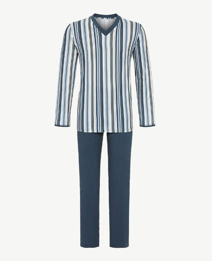 Ringella - Herenpyjama v-hals - Streep blue, khaki, wit, beige en marine