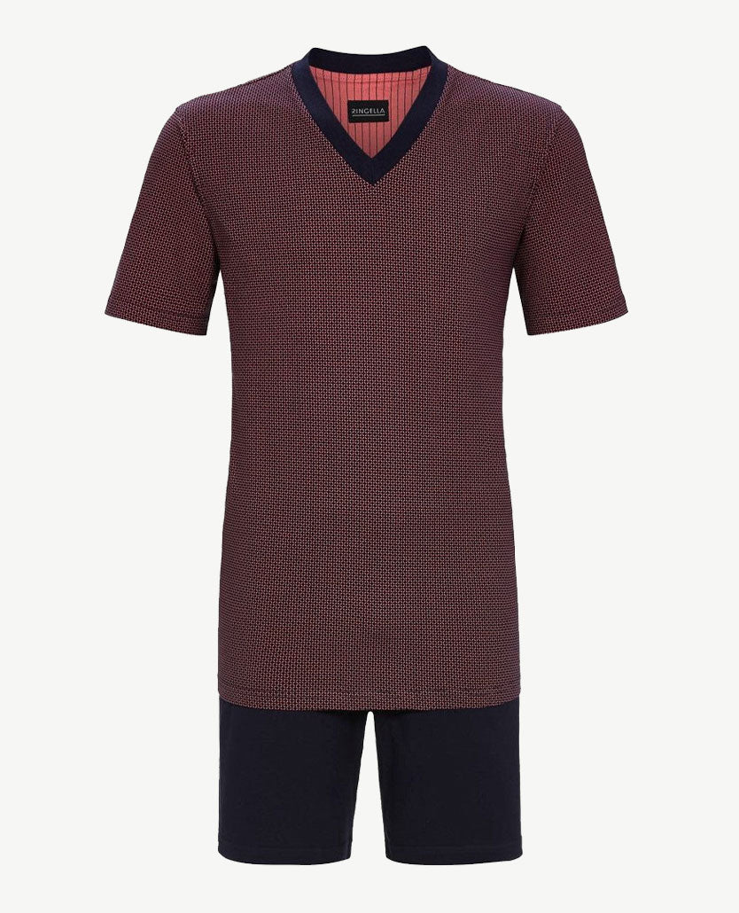 Ringella - Herenpyjama v-hals - korte broek - Dessin marine en koraal met uni broek