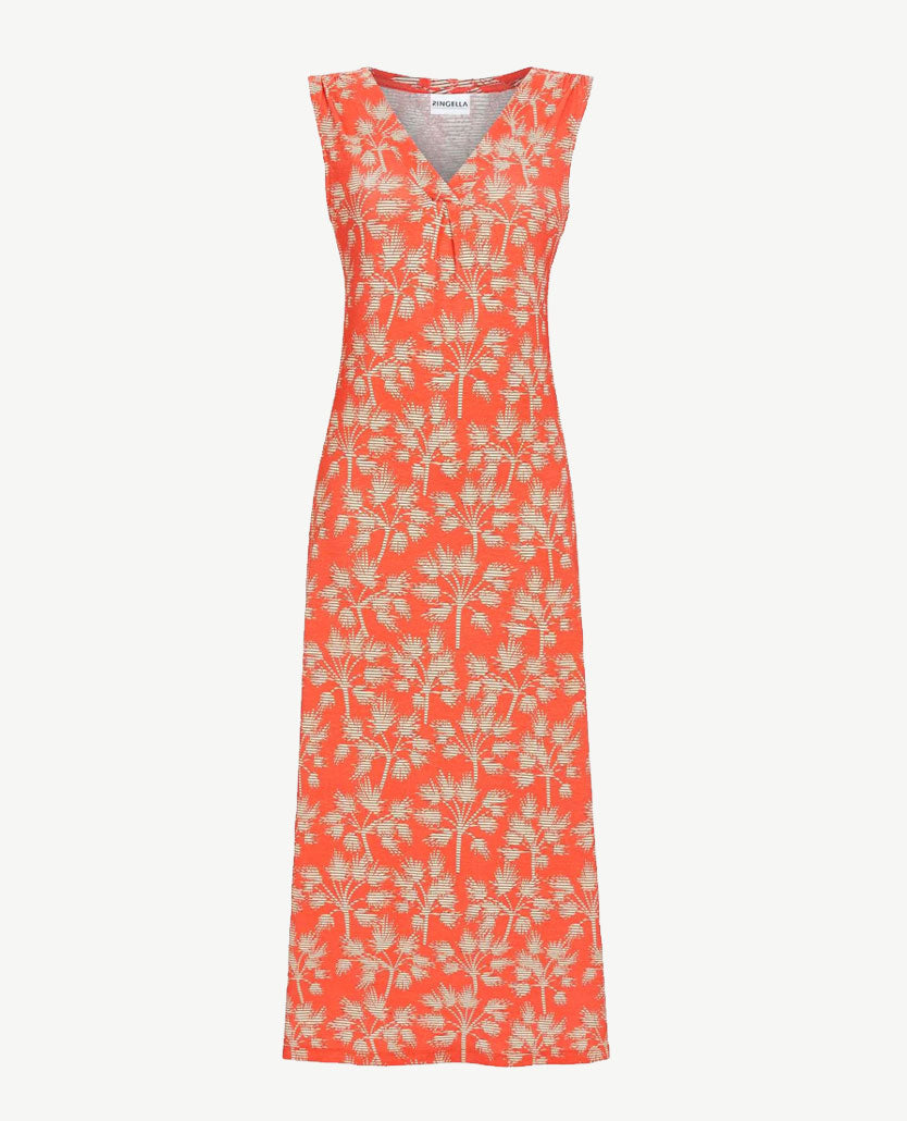 Ringella - Lang Nacht-loungehemd - V-hals - Dessin oranje en beige