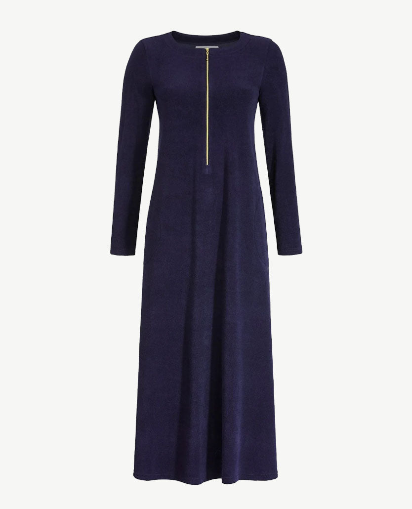 Ringella - Lang loungehemdjurk met ritssluiting - Nicki velours navy met goud