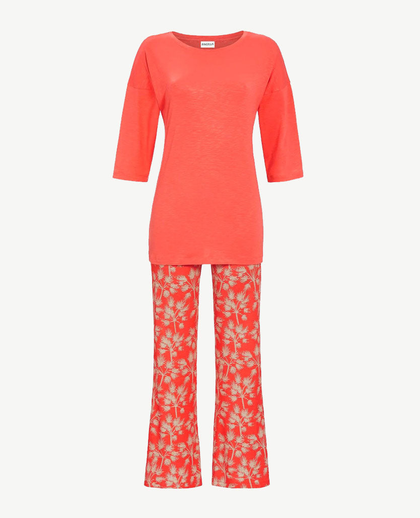 Ringella - Lounge-pyjama - Ronde hals en wijde broek - Koraal met beige en zwart