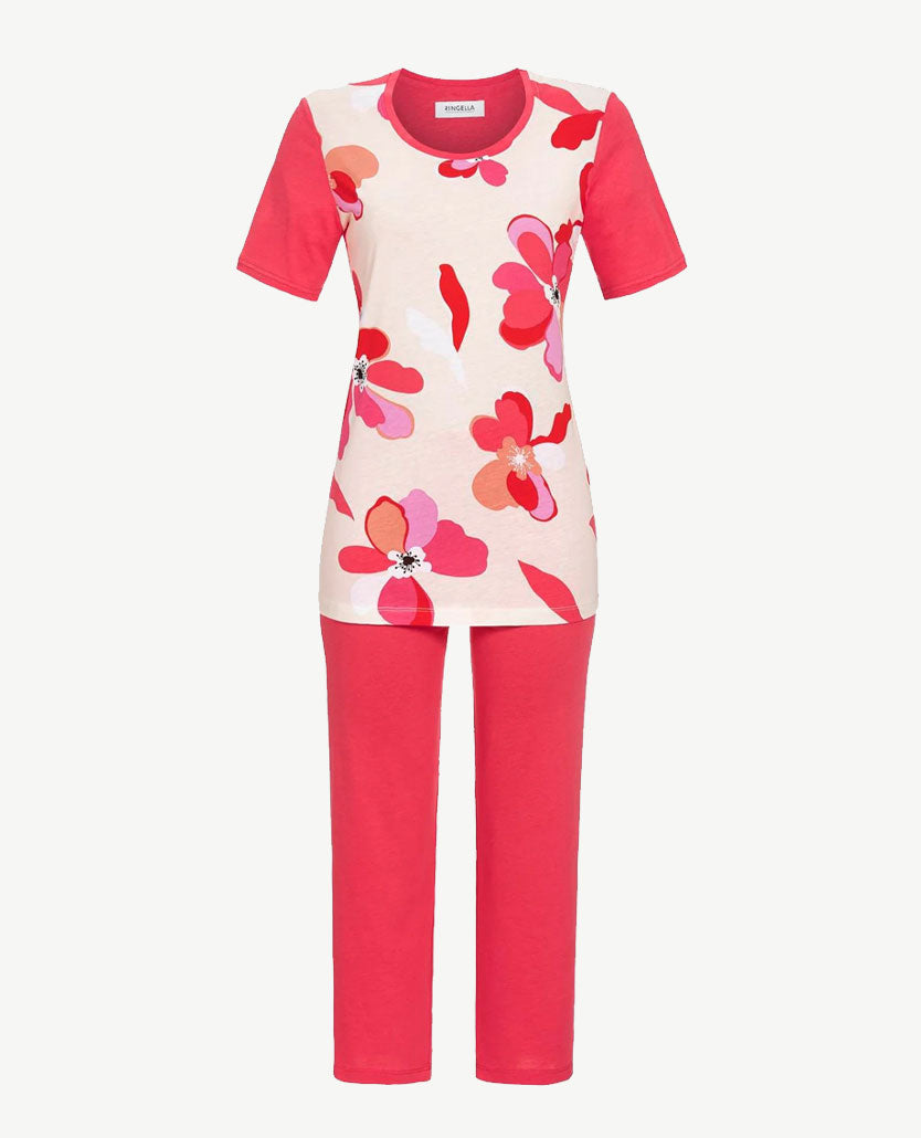 Ringella - Lounge-pyjama - ronde hals - Ecru met pink en oranje
