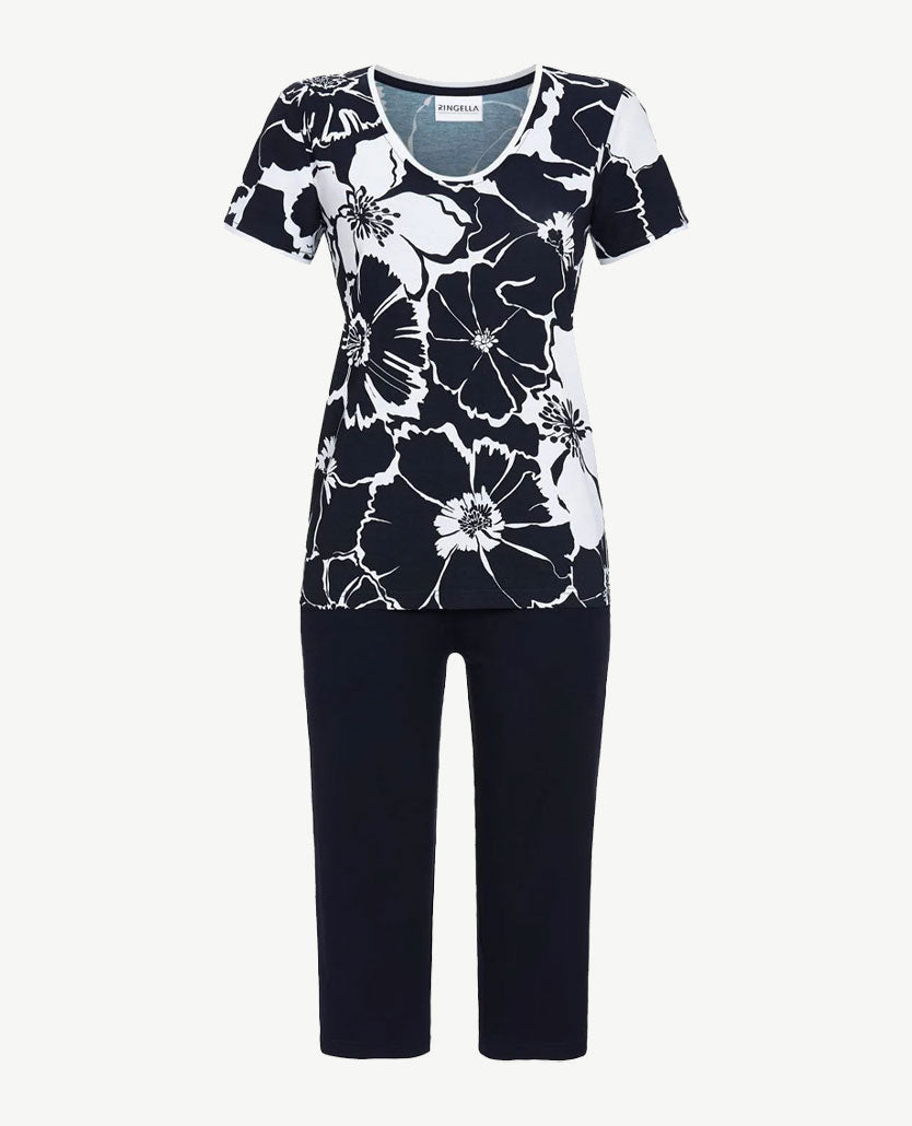 Ringella - Lounge-pyjama - ronde hals en capri broek - Bloemdessin navy met wit