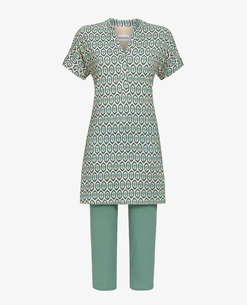 Ringella - Lounge-pyjama - v-hals en capri broek - Blauw, groen en beige