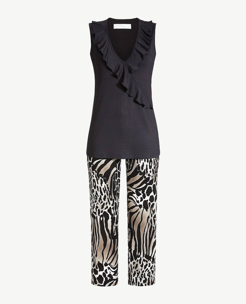 Ringella - Lounge/pyjama - V-hals en capri broek - Beige, wit en zwart