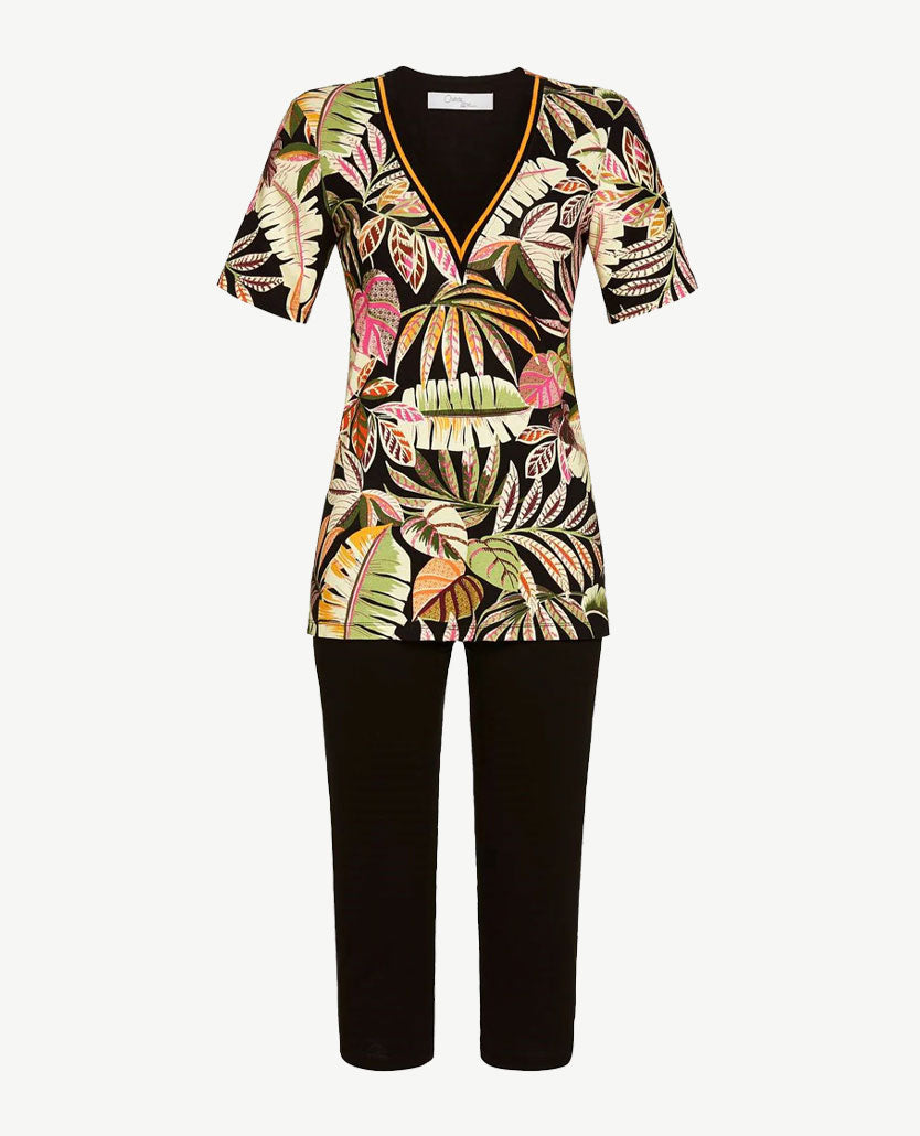 Ringella - Lounge/pyjama - V-hals en capri broek - Zwart met oranje, roze en wit