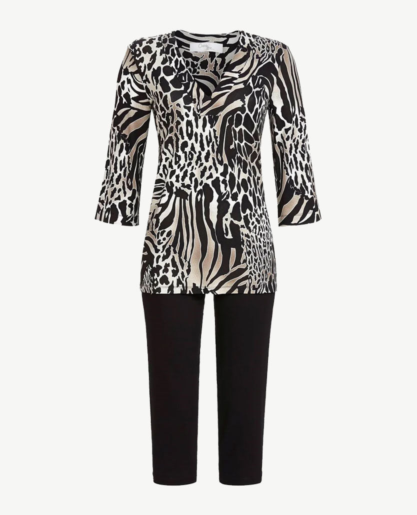 Ringella - Lounge/pyjama - V-hals en uni capri broek - Beige, wit en zwart