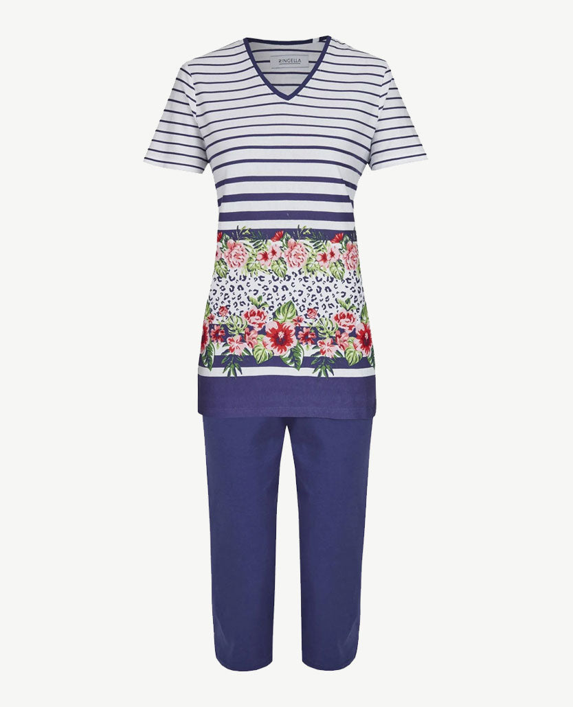 Ringella - Lounge/pyjama - V-hals en uni capri broek - Streep wit/navy met bloem