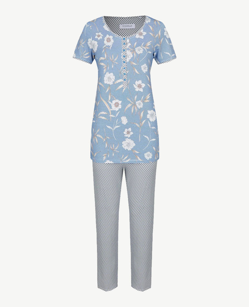 Ringella - Lounge/pyjama - ronde hals en knoopsluiting - Dessin bloem met kobalt en wit