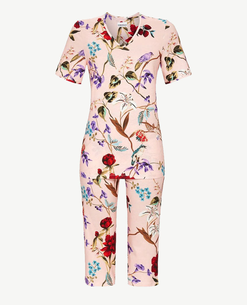 Ringella - Lounge/pyjama met capribroek - Dessin grote bloem op peach basis
