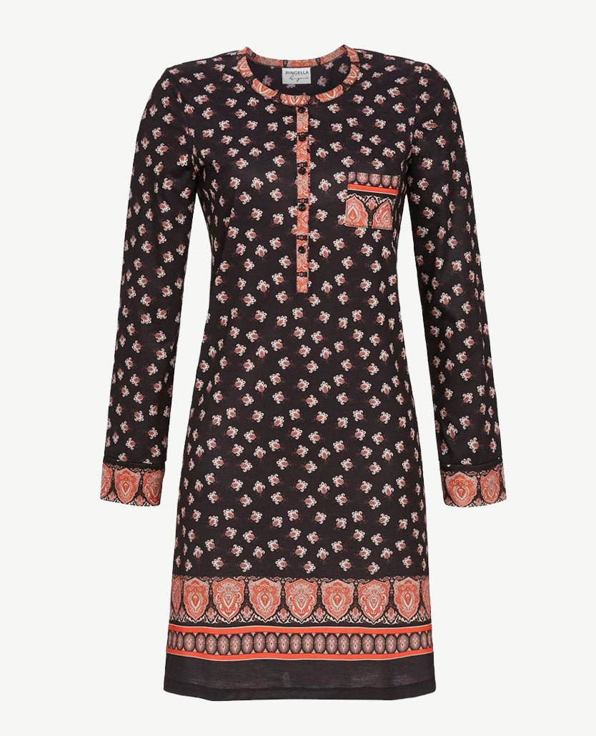 Ringella - Nacht-lounghemd met knoopjes - ronde hals - Paisley van oranje en beige op zwarte basis