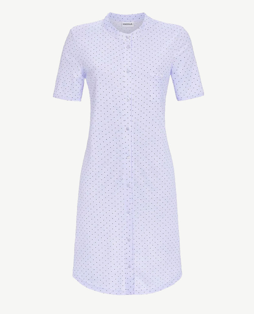 Ringella - Nachthemd - doorknoop - ronde hals - Streep en nopje wit/navy/blue