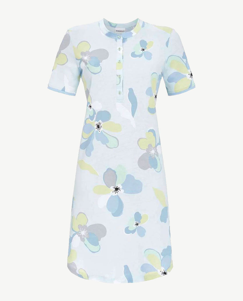 Ringella - Nachthemd met knoopjes - ronde hals - Bloemdessin met blauwe pastellen en wit en groen