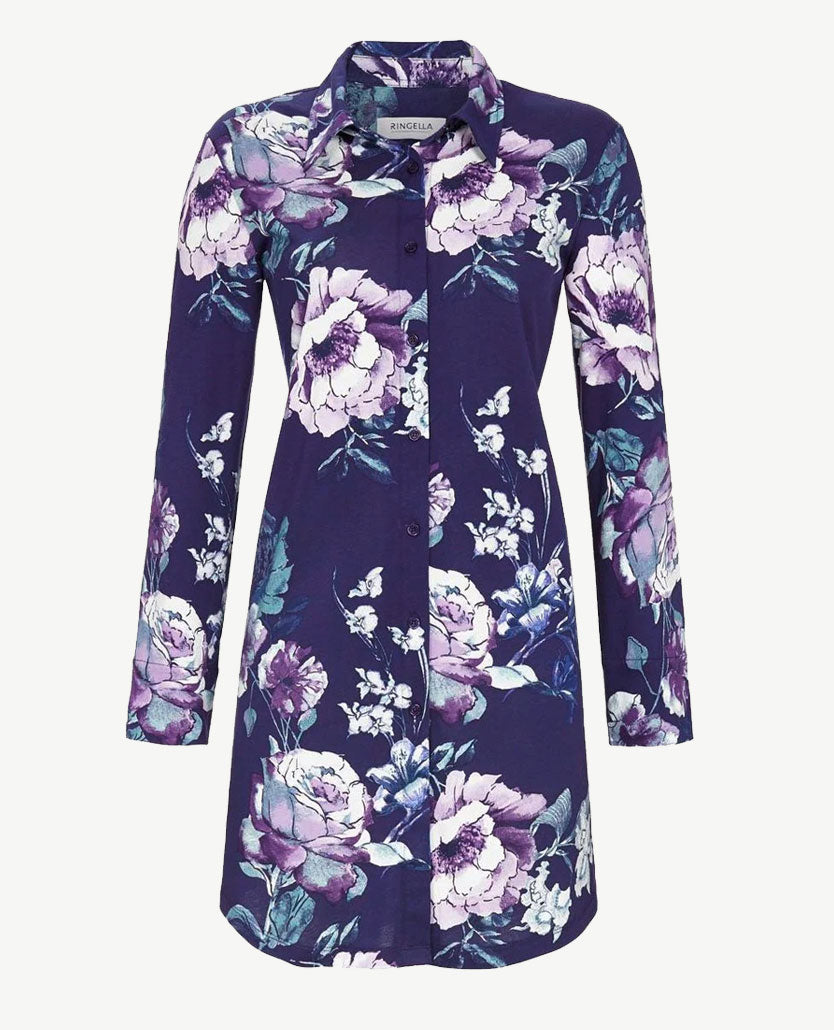 Ringella - Nachthemd/loungehemd - doorknoop met kraag - Groot dessin navy met lila en wit