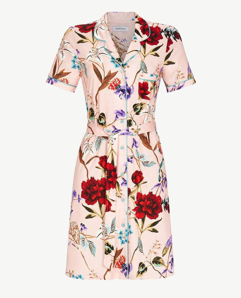 Ringella - Nacht/loungehemd - doorknoop - met kraag - Peach dessin floral