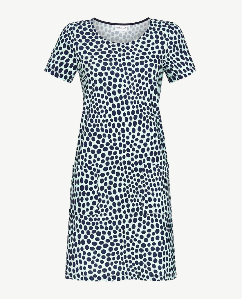 Ringella - Nacht/loungehemd -  ronde hals - Grote navy nop op groen
