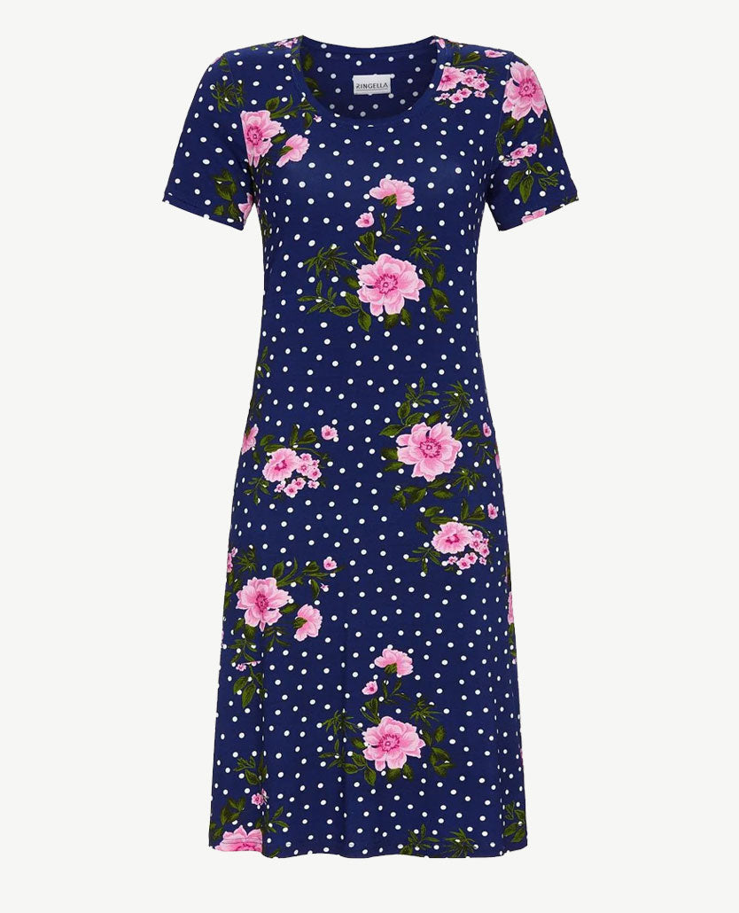 Ringella - Nacht/loungehemd - ronde hals - Nop marine met bloem in rose