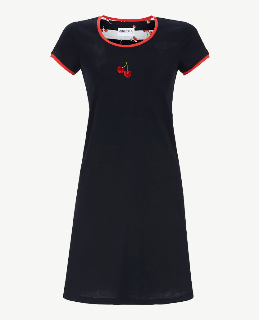 Ringella - Nacht/loungehemd - ronde hals marine/rood kers