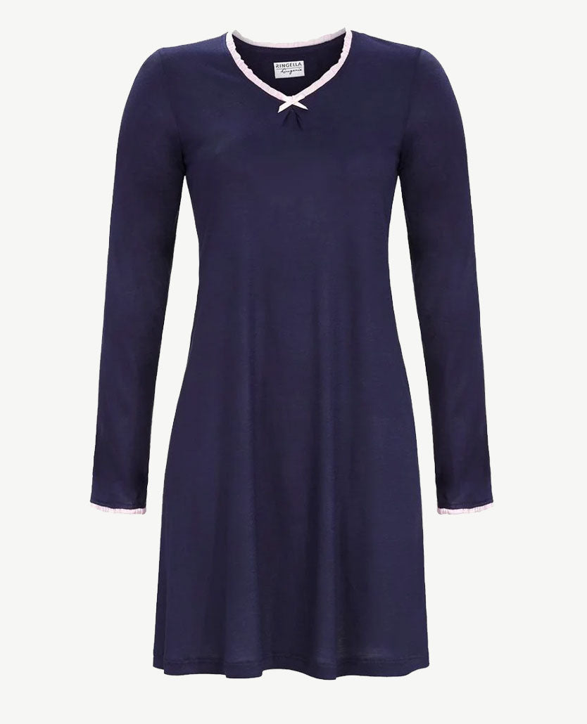 Ringella - Nacht/loungehemd - v-hals - Navy met roze