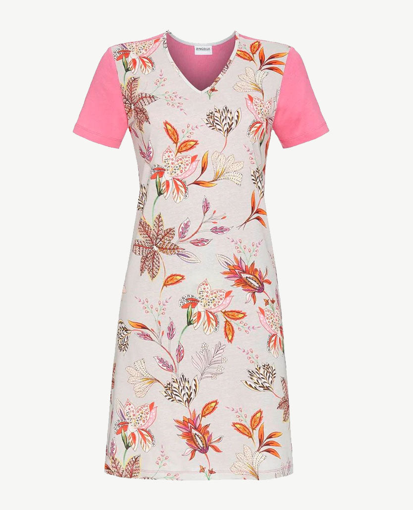 Ringella - Nacht/loungehemd - v-hals - Roze met dessin op grijs