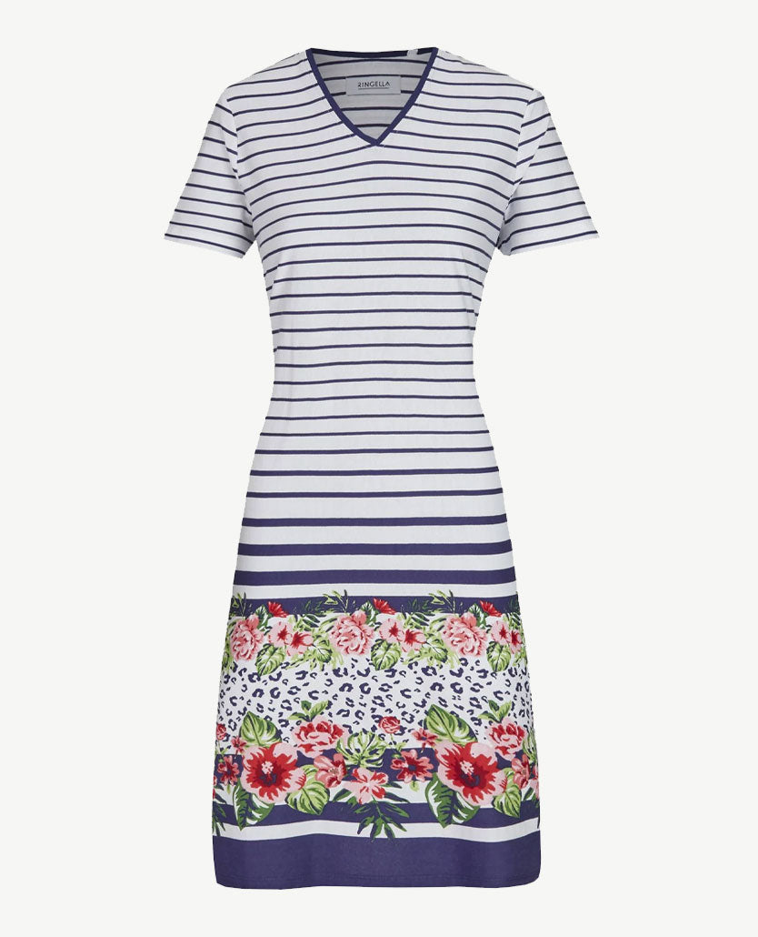 Ringella - Nacht/loungehemd - v-hals - Streep en bloemdessin -  navy/wit met veel kleuren