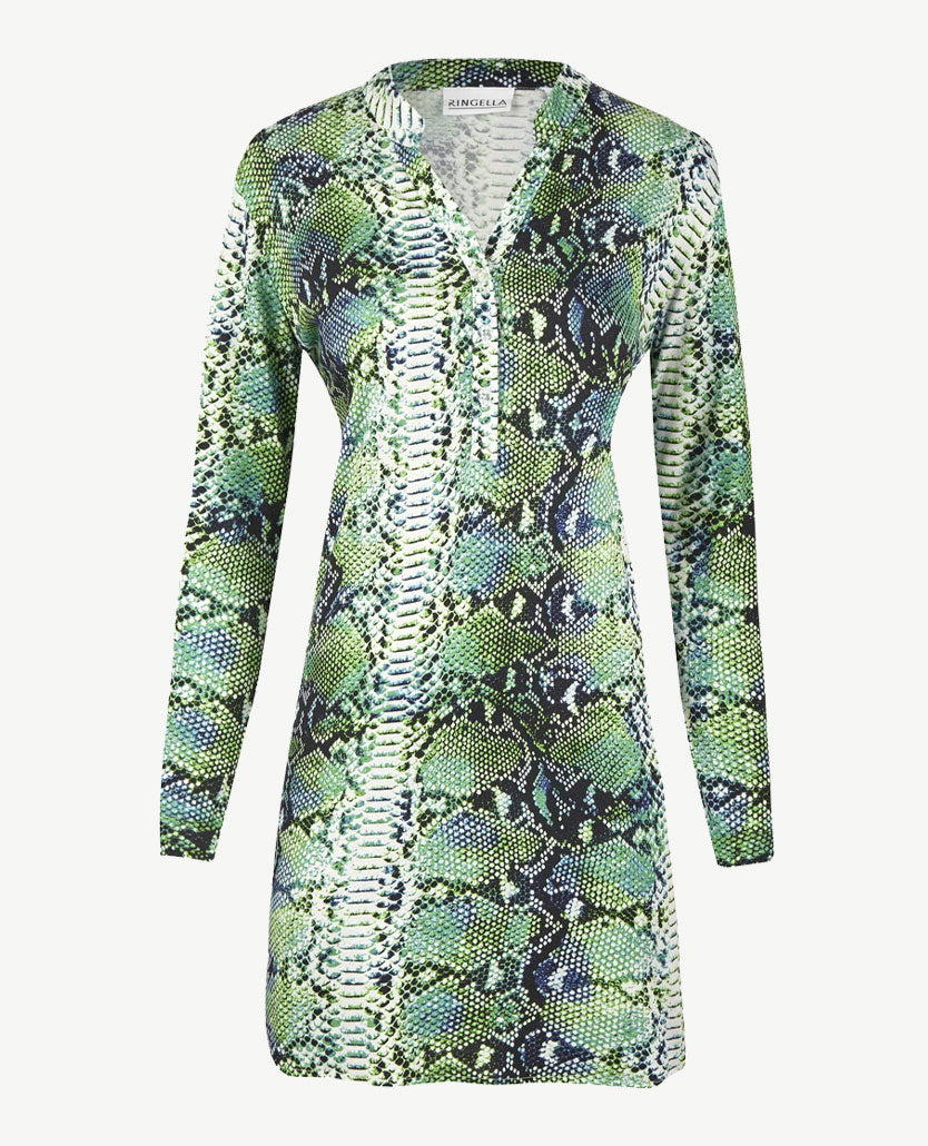 Ringella - Nacht/loungehemd met knoopsluiting - Slangenprint groen