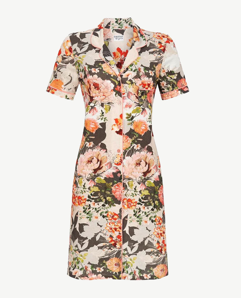 Ringella - Nacht/lounghemd doorknoop met kraag - Bloemdessin met oranje en off-white