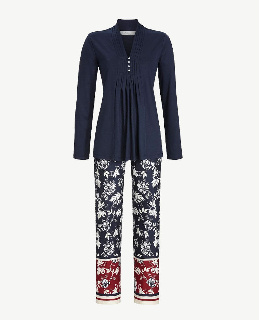 Ringella - Pyjama-lounge - knoopsluiting - Navy met dessin warme kleuren