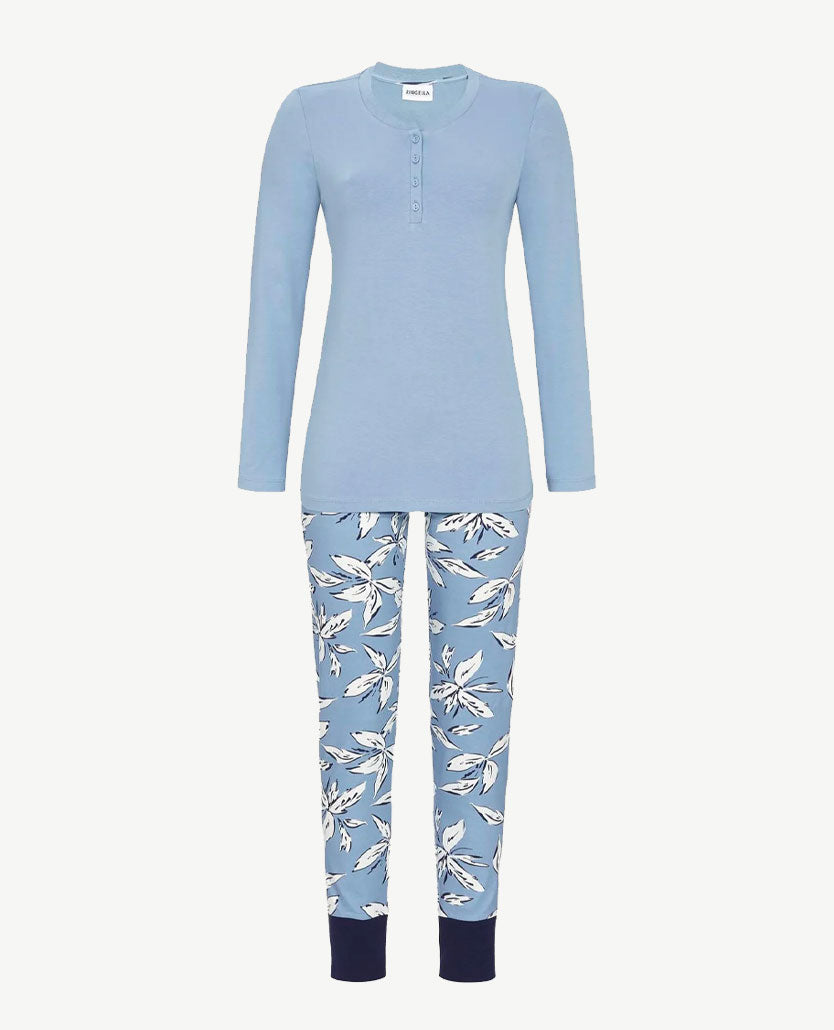 Ringella - Pyjama-lounge - met knoopsluiting - Blauw met dessin bloem