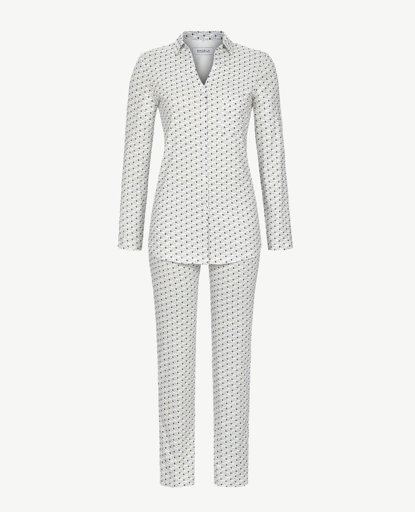 Ringella - Pyjama-lounge - met knoopsluiting - Retro blue, taupe en grijs