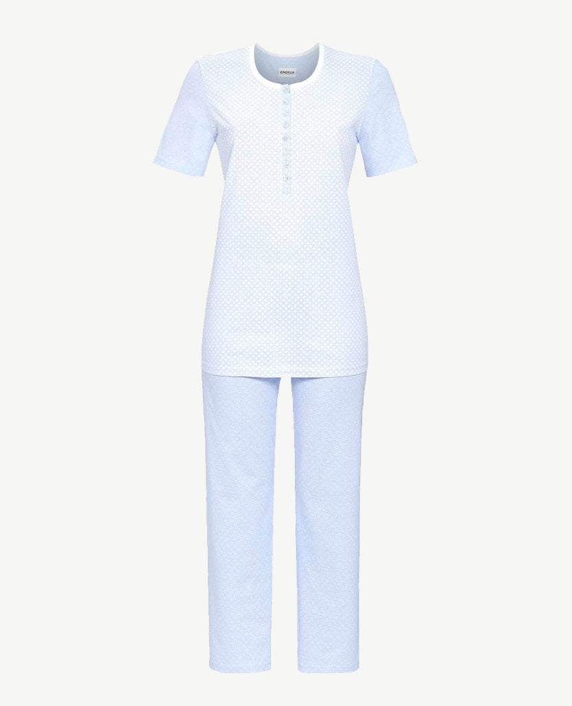 Ringella - Pyjama ronde hals - Knoopsluiting en 7-8 broek - Blue met wit blokje en rondje