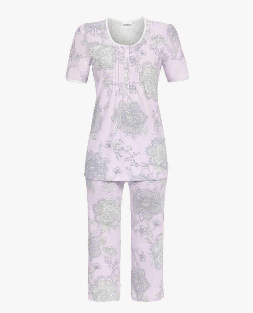 Ringella - Pyjama ronde hals - capri broek - Dessin Lila met wit